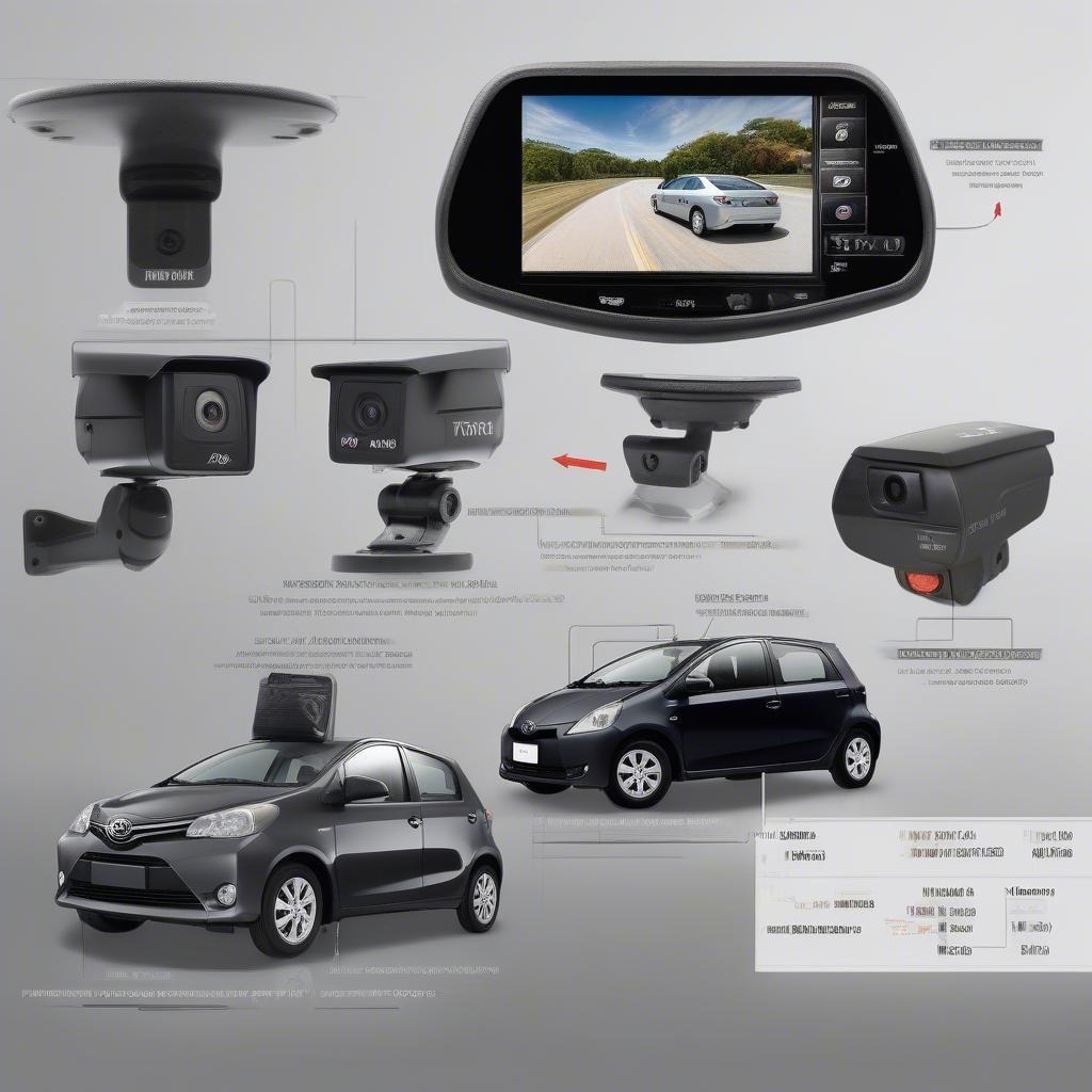 Hình ảnh minh họa các loại camera lùi phù hợp với Toyota Wigo, bao gồm camera lùi gắn biển số, camera lùi tích hợp màn hình DVD, và camera lùi không dây.  Mỗi loại camera được hiển thị rõ ràng với chú thích chi tiết về đặc điểm và ưu nhược điểm.