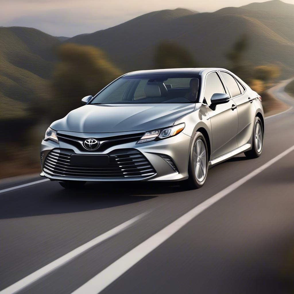 Camry 2017 nhập khẩu màu bạc đang di chuyển trên đường.