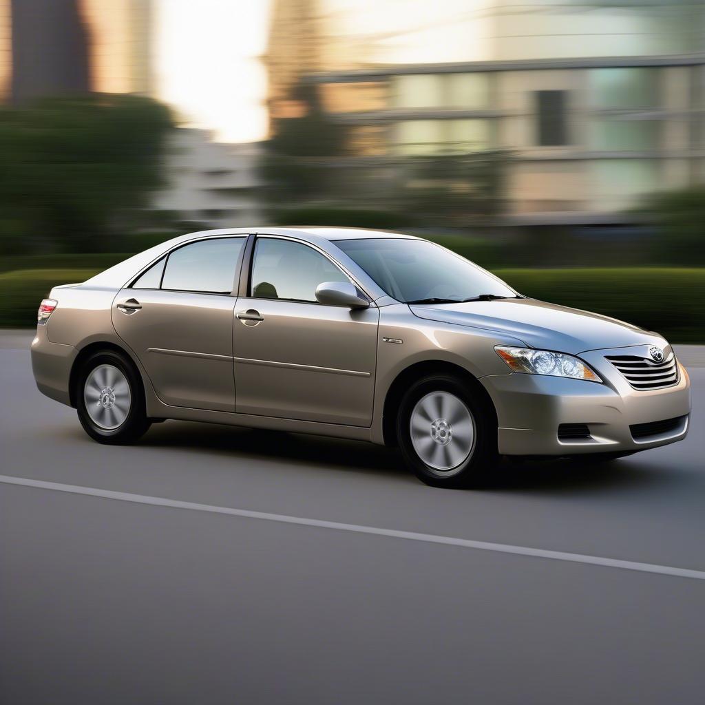 Ngoại thất Camry Hybrid 2007: Kiểu dáng khí động học hiện đại, đèn pha sắc nét, lưới tản nhiệt đặc trưng và mâm xe hợp kim sang trọng.