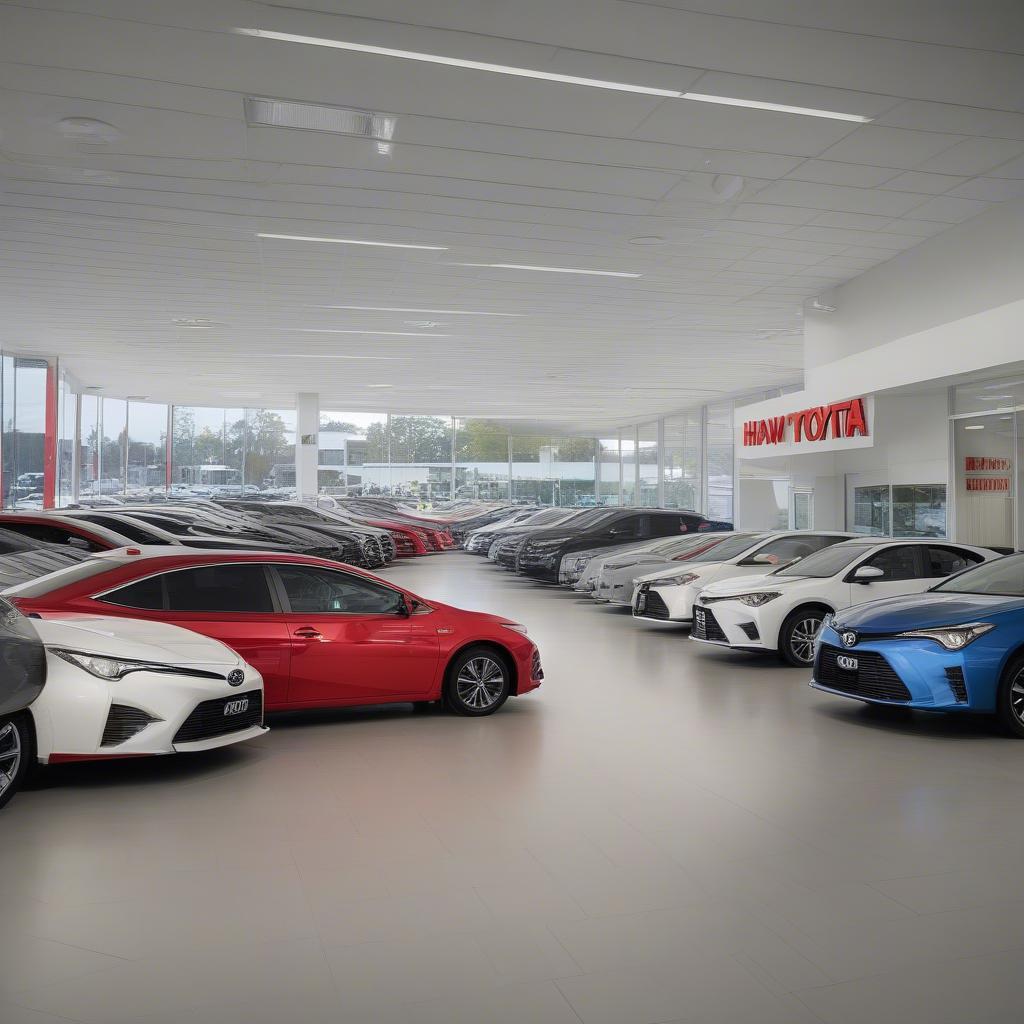 Hình ảnh đại lý Hawkesbury Toyota với nhiều mẫu xe trưng bày.