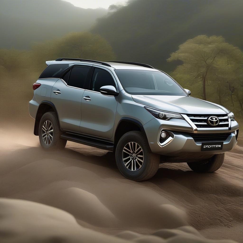 Fortuner 2018 màu bạc, thiết kế mạnh mẽ, gầm cao, đậu trên địa hình off-road.