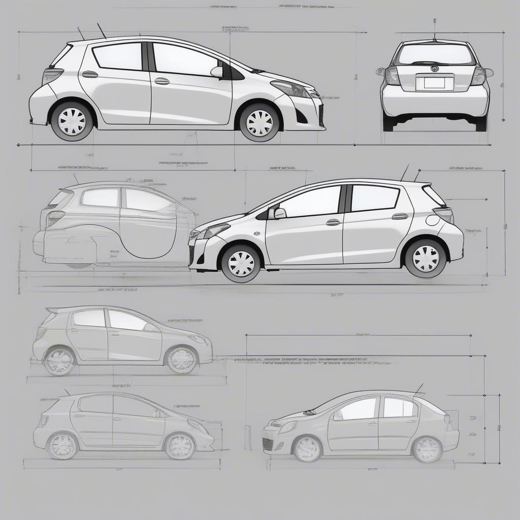 Kích thước Toyota Yaris 2009: Chiều dài, rộng, cao và chiều dài cơ sở.