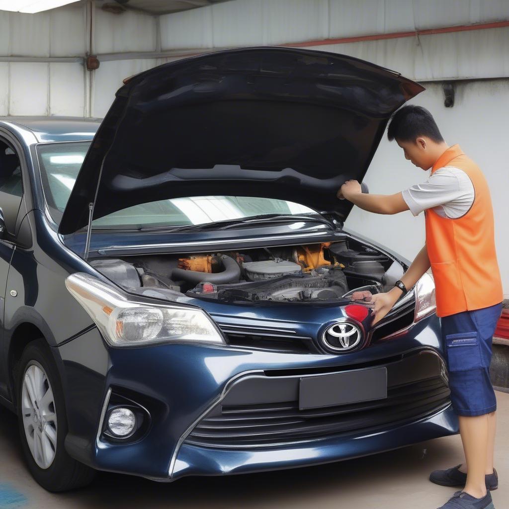 Kiểm tra động cơ Toyota Vios 2018 cũ, kiểm tra dầu nhớt, lắng nghe tiếng động cơ, đảm bảo vận hành tốt.