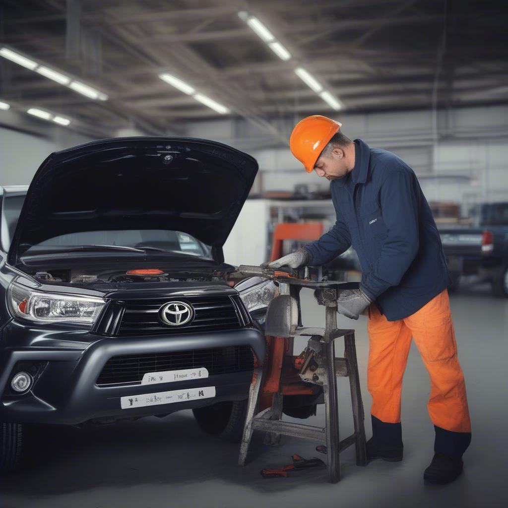 Kỹ thuật viên kiểm tra dây curoa cam Toyota Hilux