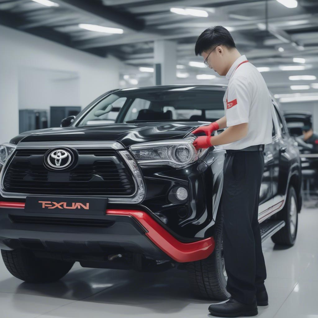 Kỹ thuật viên Toyota Xuân Phương đang kiểm tra xe.