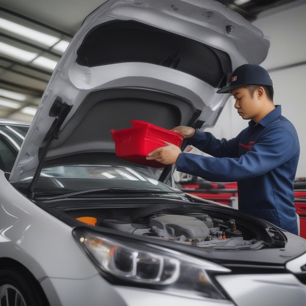 Kỹ thuật viên đang lắp đặt phụ kiện cho xe Vios tại Toyota Xuân Phương.