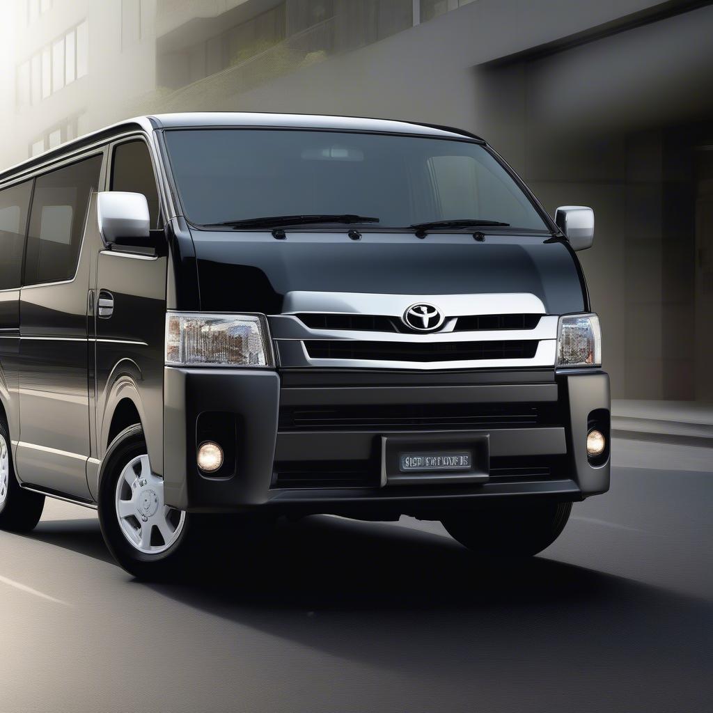 Ngoại thất Toyota Hiace Commuter 2014 với thiết kế đơn giản, vuông vức, lưới tản nhiệt mạ chrome, đèn pha halogen.