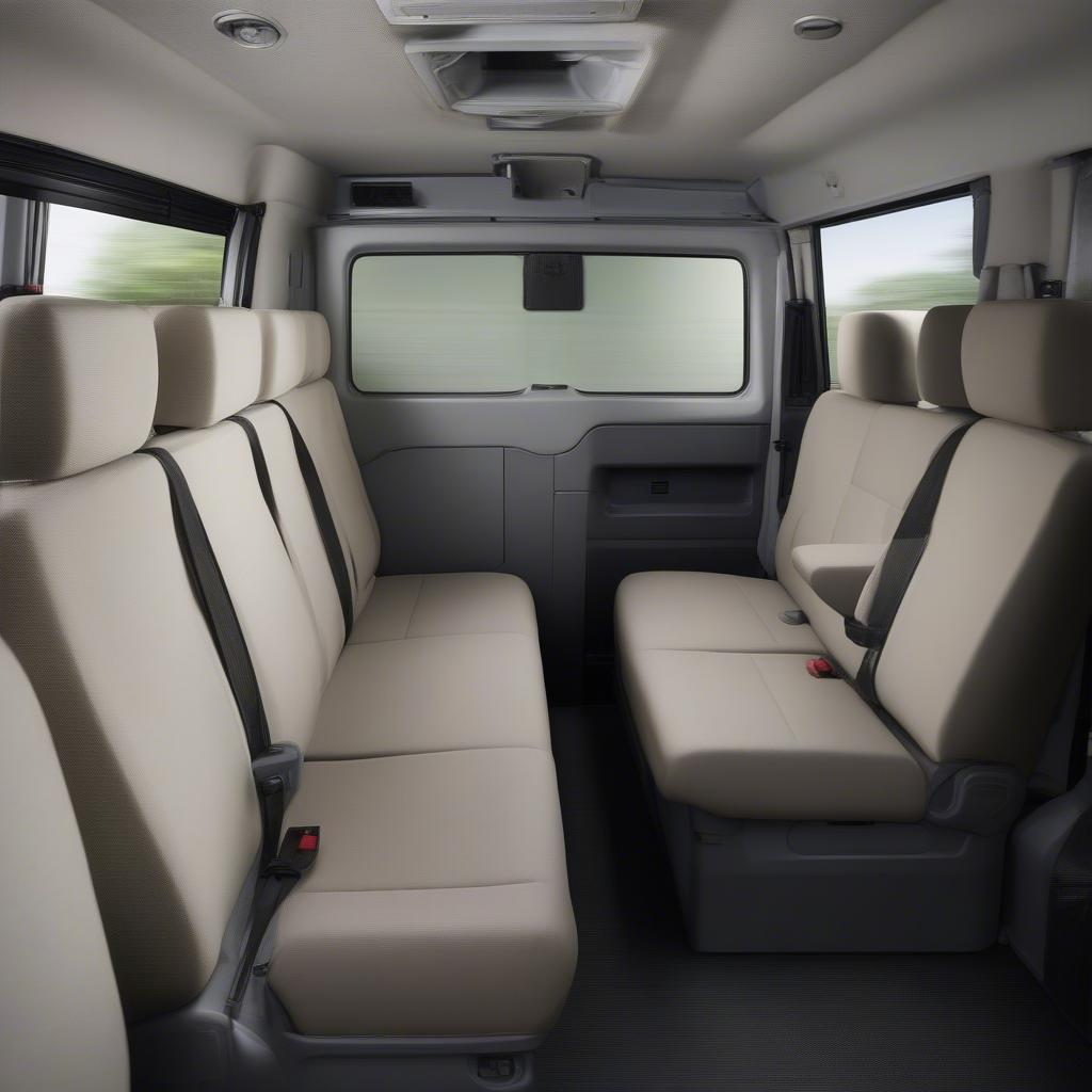 Nội thất Toyota Hiace 2019 rộng rãi và tiện nghi với ghế nỉ êm ái, điều hòa hai dàn lạnh.