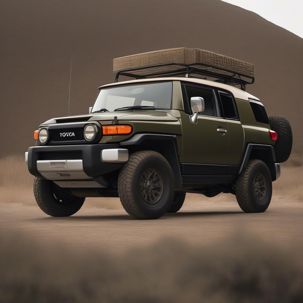 Thiết kế retro độc đáo của Toyota FJ Cruiser cũ với kiểu dáng vuông vức, cửa mở ngược và kính chắn gió gập.