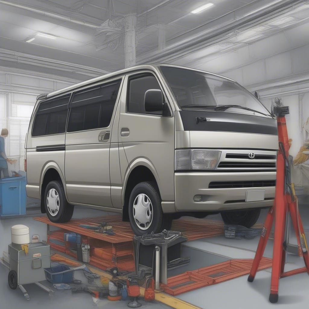 Hình ảnh Toyota Hiace 2000 đang được kiểm tra, bảo dưỡng