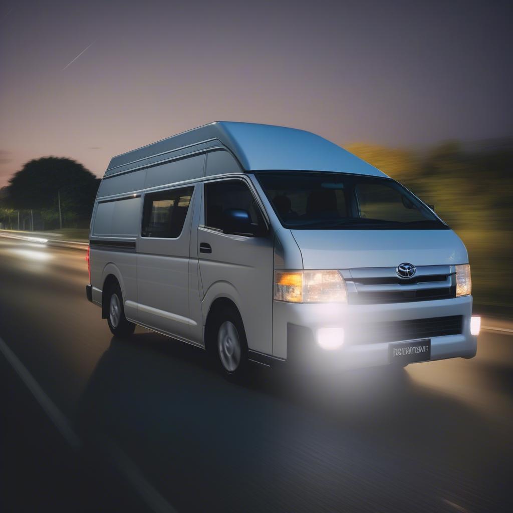 Hình ảnh Toyota Hiace với đèn pha sáng rõ trong đêm