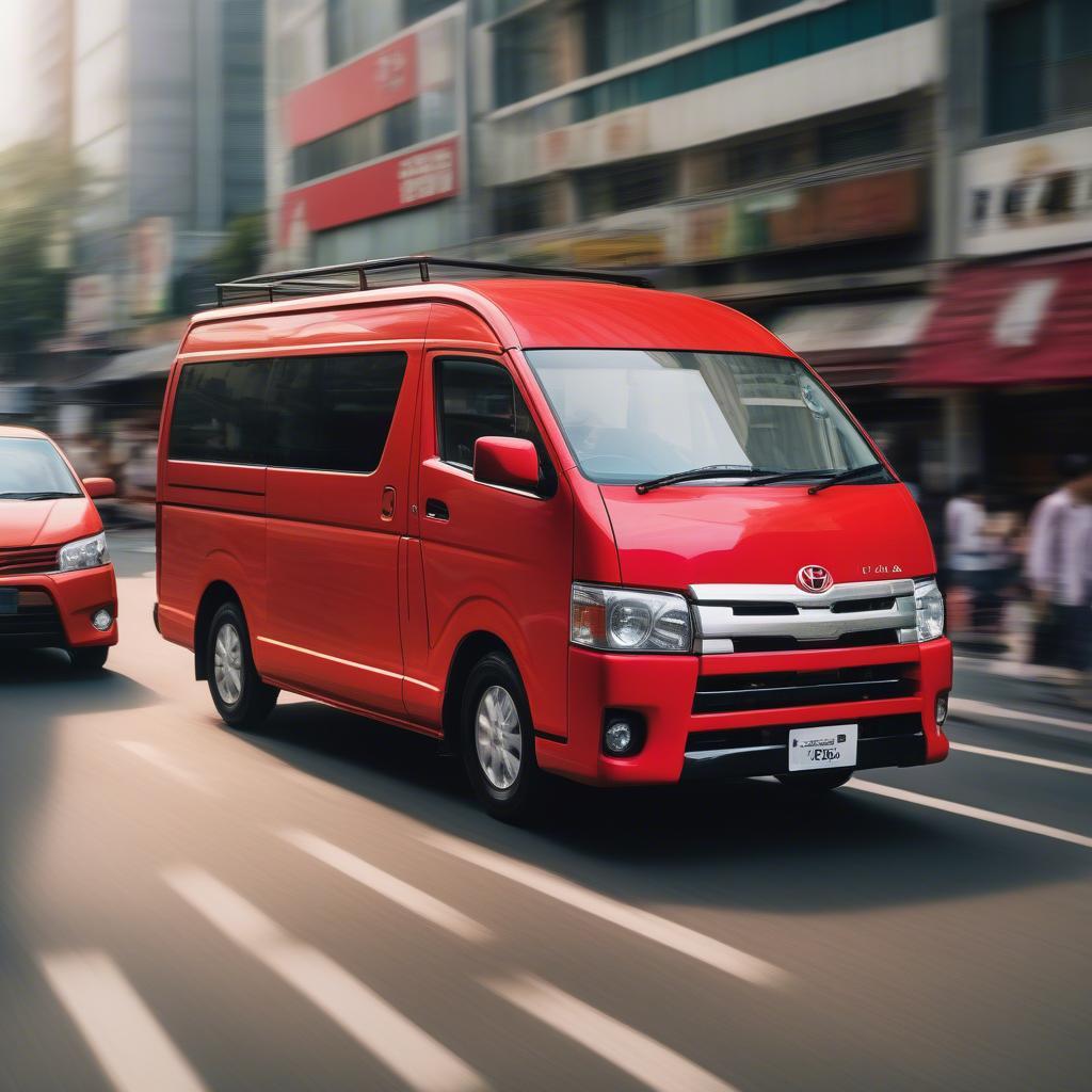 Toyota Hiace màu đỏ nổi bật trên đường phố