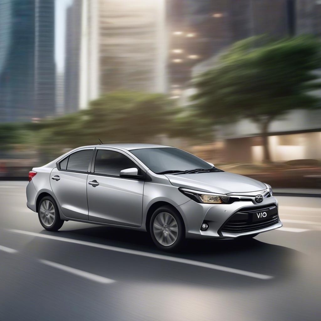 Toyota Vios 2018 nhập khẩu màu bạc đang di chuyển trên đường phố, thể hiện sự năng động và phổ biến.